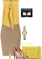 Robe moutarde avec accessoires bronzés