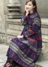 Robe large bleue à imprimé style chinois
