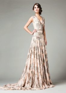 Robe de soirée beige à imprimé floral