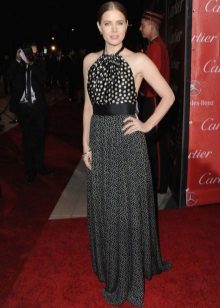 Robe longue de soirée noire à gros pois en haut et petits pois en jupe