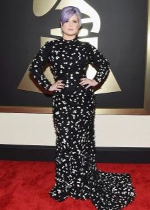 Robe de soirée noire à pois blancs et manches longues