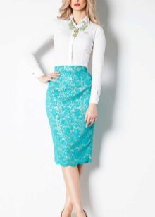 jupe crayon en dentelle aigue marine
