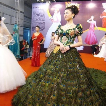 Robe de mariée coûteuse en plumes de paon