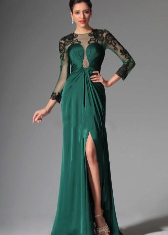 Robe de soirée verte avec dentelle noire