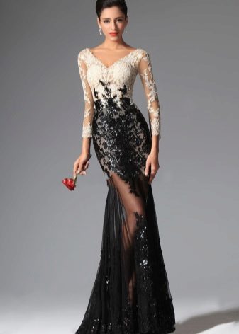 Robe de soirée en dentelle noire et blanche