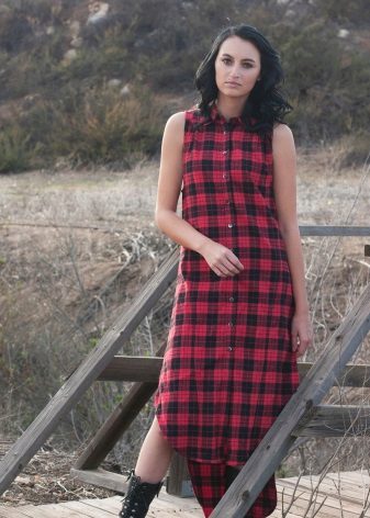 Robe chemise à carreaux capless à ourlet asymétrique