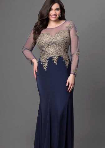 Longue robe bicolore pleine avec un haut doré à manches longues et une jupe de couleur bleue
