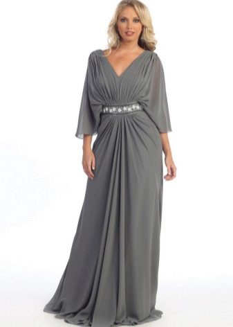 Robe longue au sol grise avec col en V et manches longues
