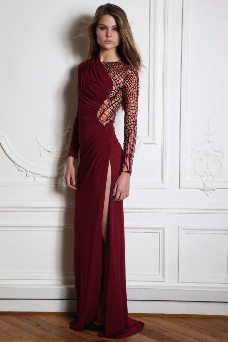 Robe de soirée longue au sol avec manches en dentelle