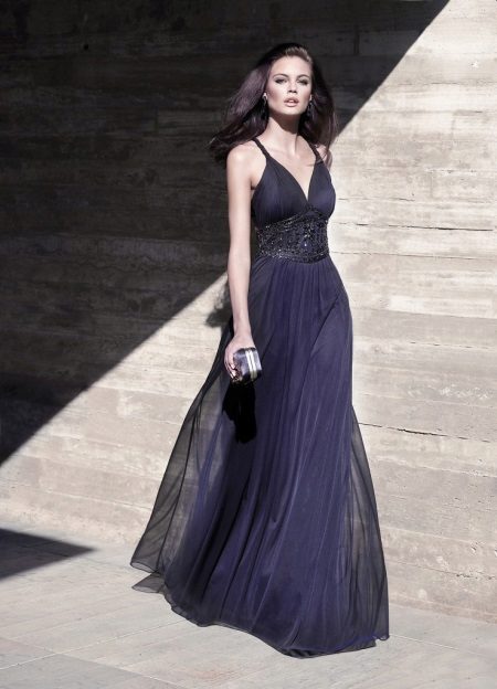 Robe de soirée bleue bon marché au sol